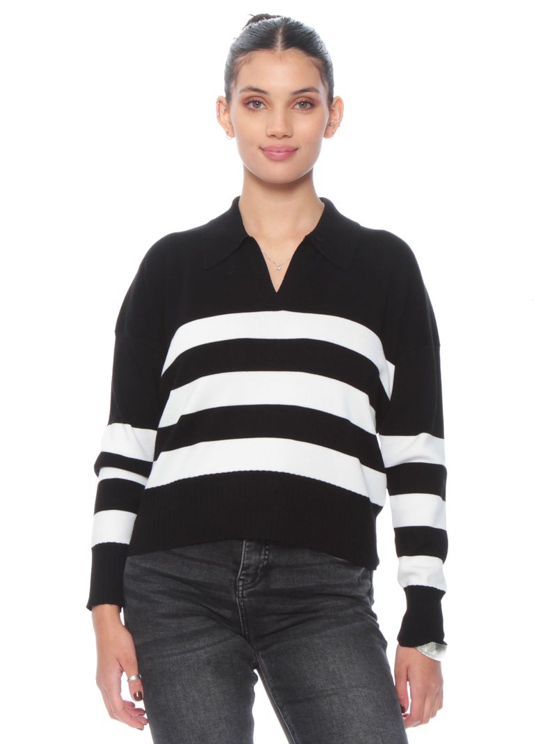 Sweater Manga Larga Listado Escote V con Franjas