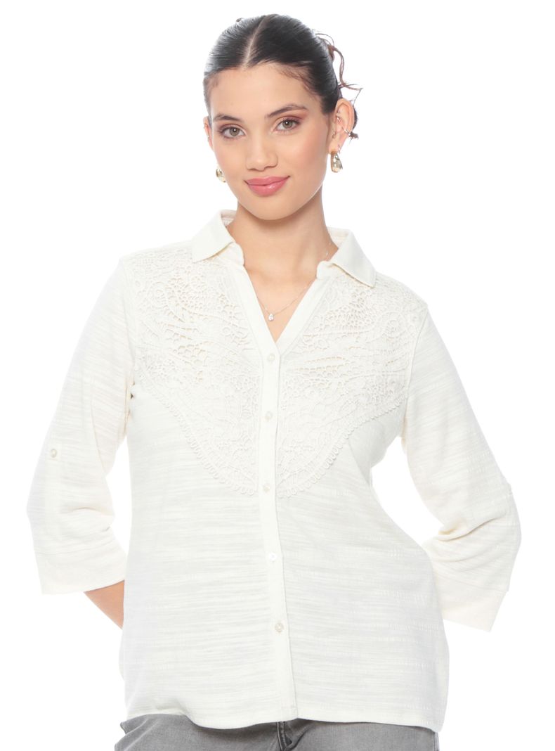 Blusa Manga 3/4 Sólida con Encaje y Escote