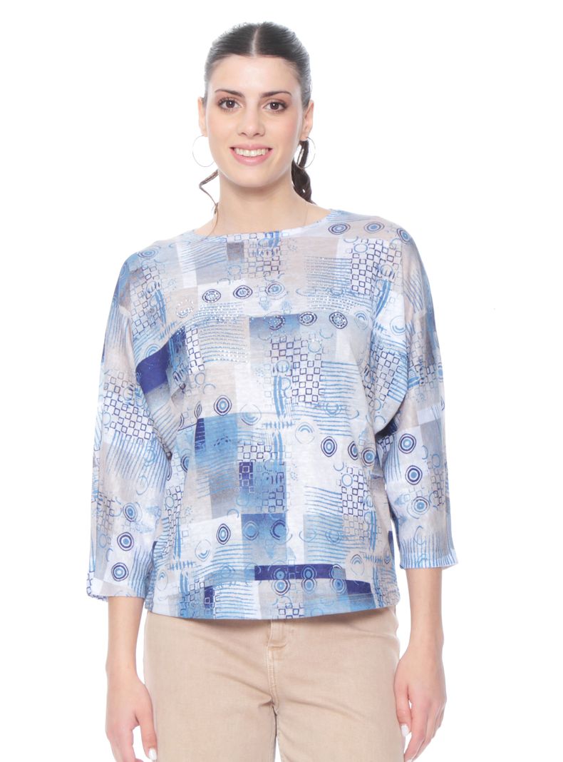 Polera Manga 3/4 Sublimado Aplicación Strass Escote Redondo
