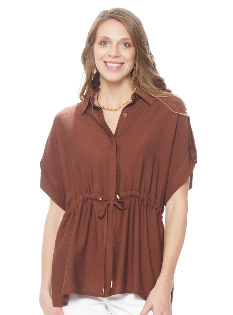 Blusa Safari Manga Corta con Cuello y Cintura Ajustada