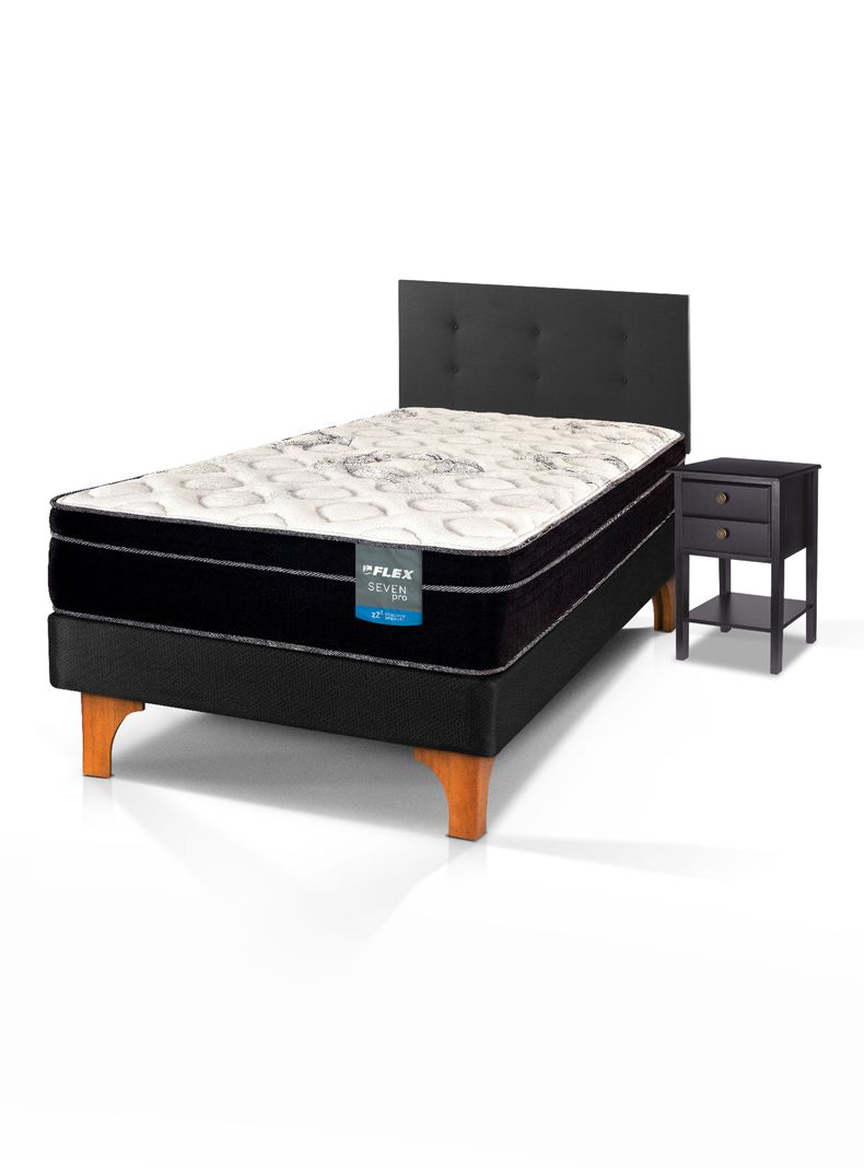 Cama Europea Seven Pro 1.5 Plazas Box + Respaldo Royal + Velador Rover