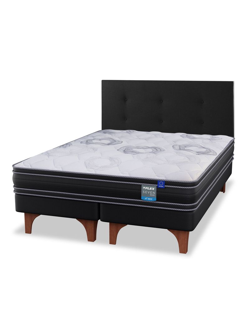 Cama Europea Seven Plus 2 Plazas Box Base Dividida + Respaldo Royal Negro-0