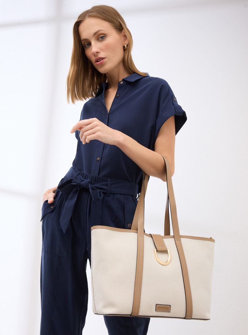 Cartera Totebag Textil con Detalles Efecto Cuero