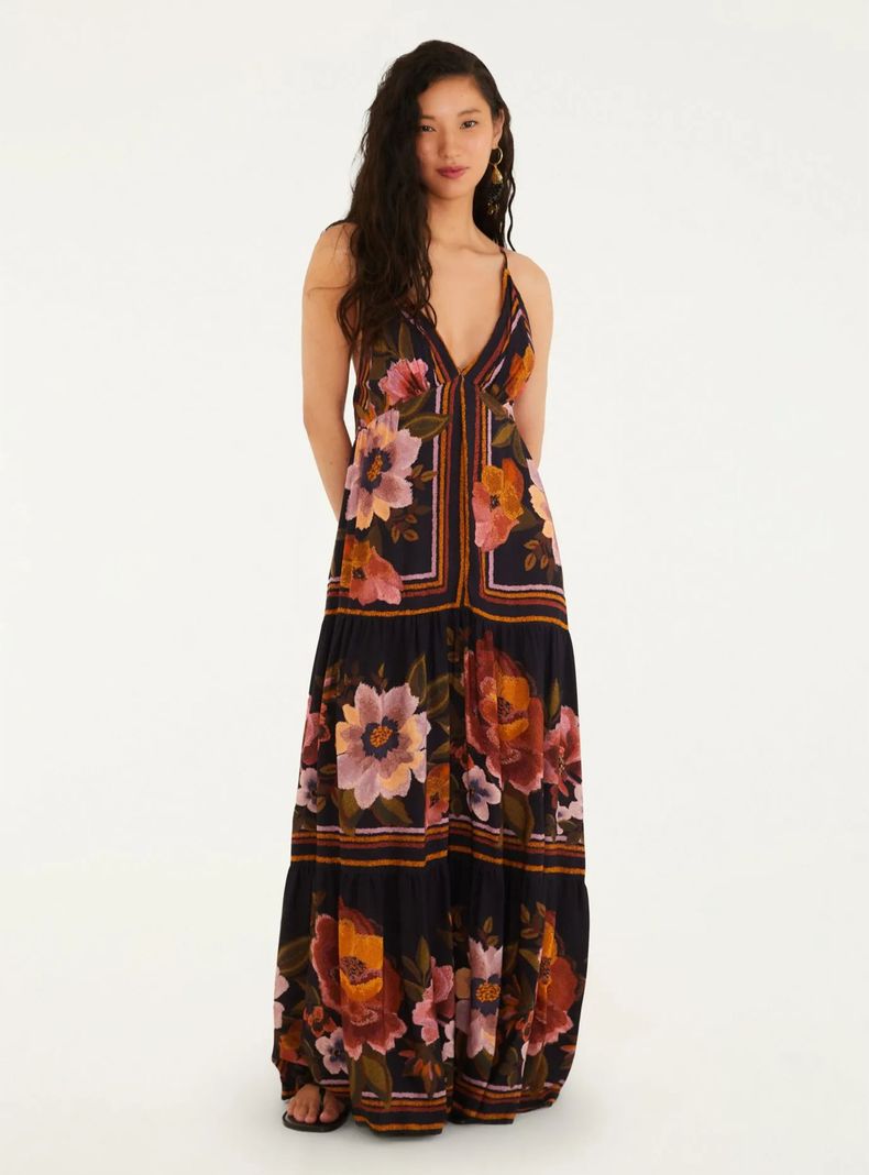 Vestido Largo con Escote V Diseño Floral