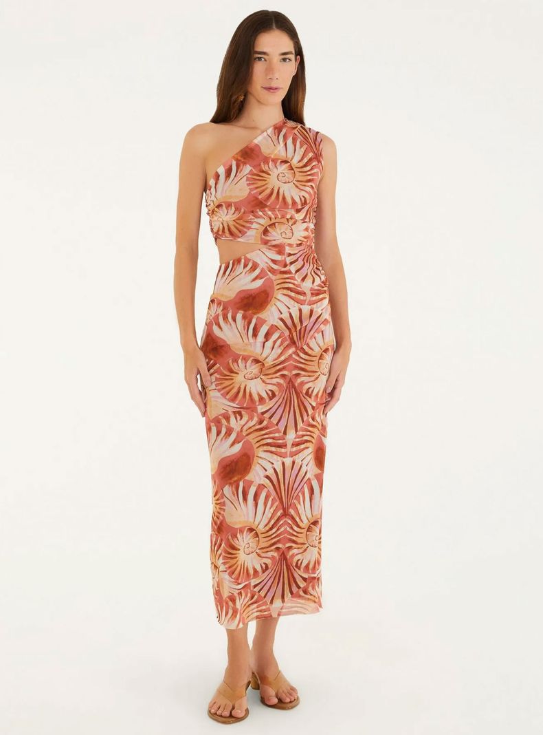 Vestido Midi Escote Asimétrico Diseño Caracoles de Mar