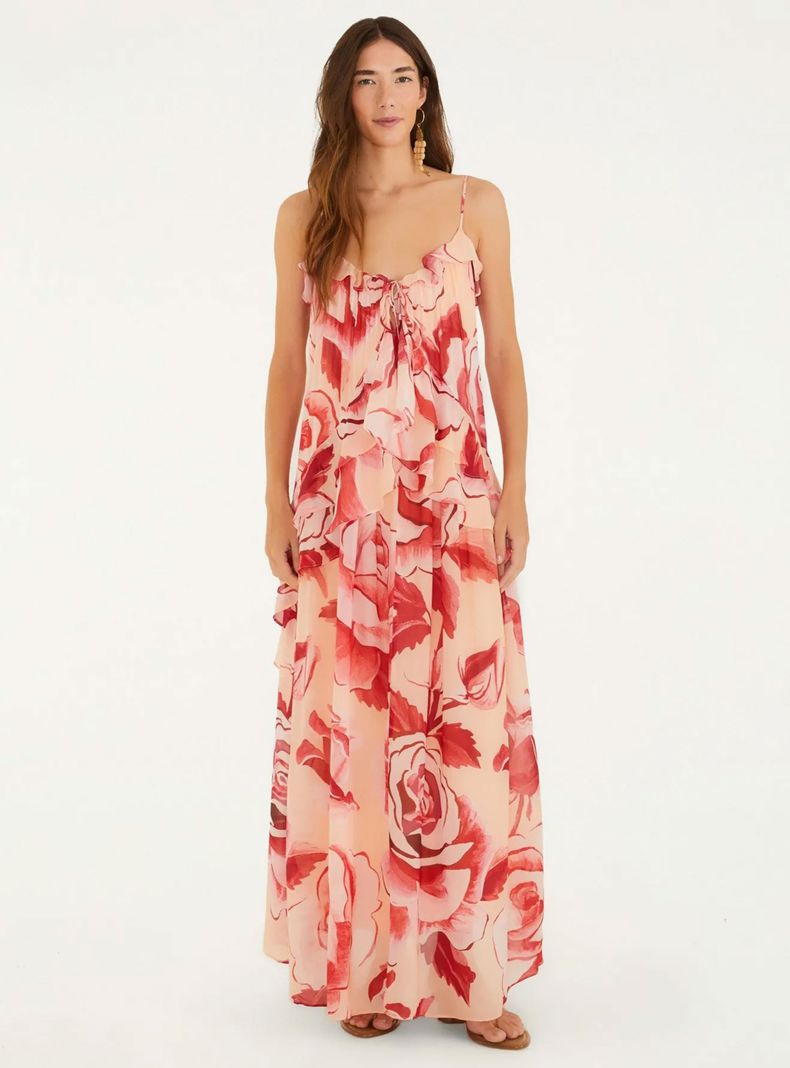 Vestido Largo Detalle de Vuelos Diseño Floral