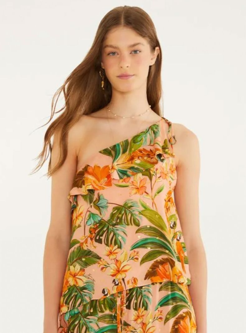 Blusa Asimétrica con Vuelo Diseño Tropical