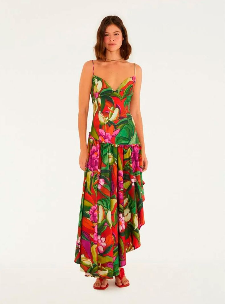 Vestido Midi Falda Asimétrica Diseño Tropical