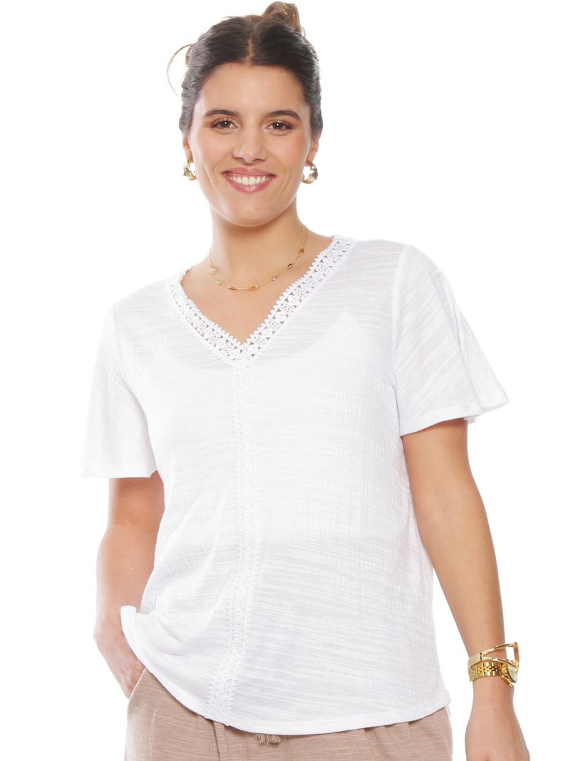 Polera Manga Corta Sólida Escote V con Aplicación