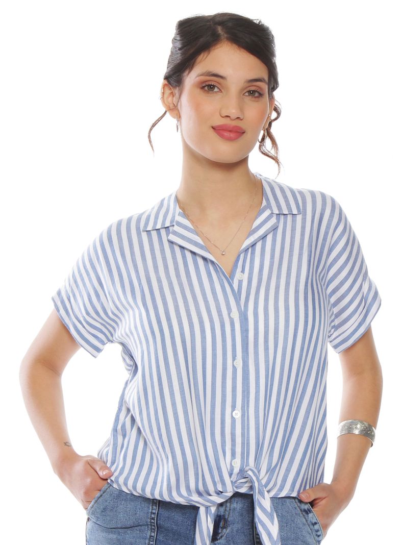 Blusa Manga Corta Listada Abotonada Amarrada en Ruedo