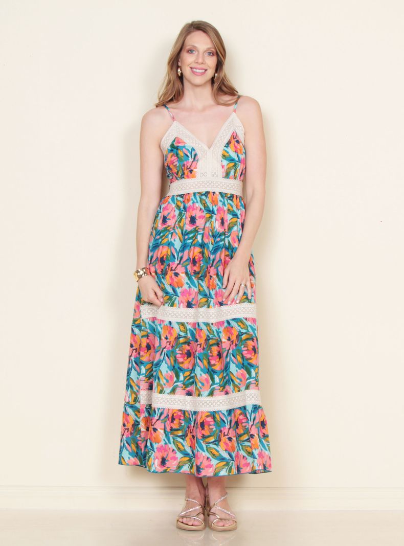 Vestido Estampado con Bretel y Aplicación Encaje
