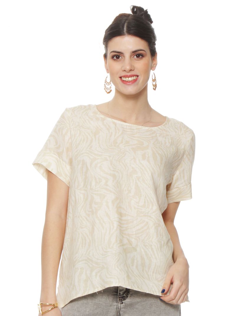 Blusa Manga Corta Lino Estampado Escote Redondo
