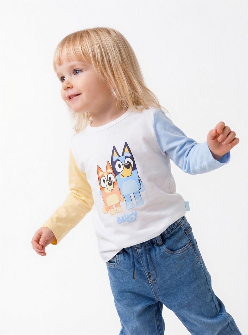 Polera Mangas Bicolor Estampada Bluey y Bingo