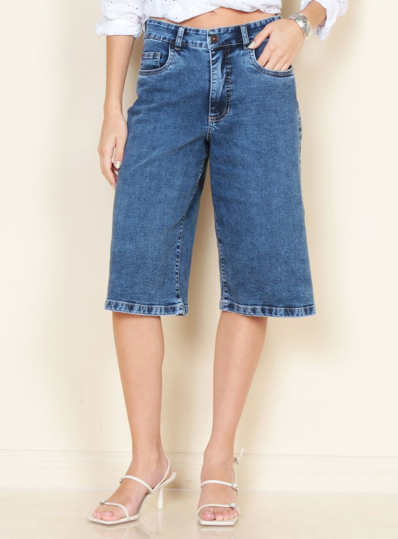 Bermuda Jort Denim Tiro Alto Pretina Básica 1 Botón