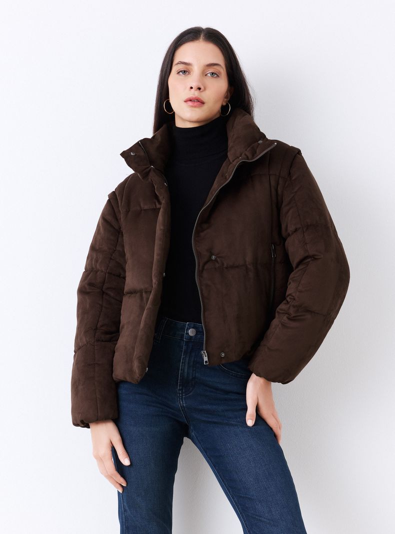 Parka Acolchada Efecto Gamuza con Cuello Alto Funnel