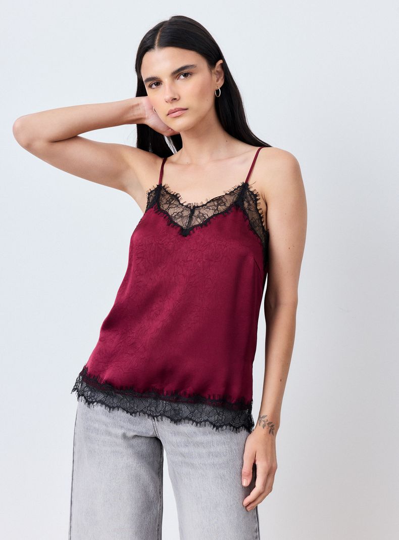 Blusa Lencera Satínada con Encaje y Pabilos