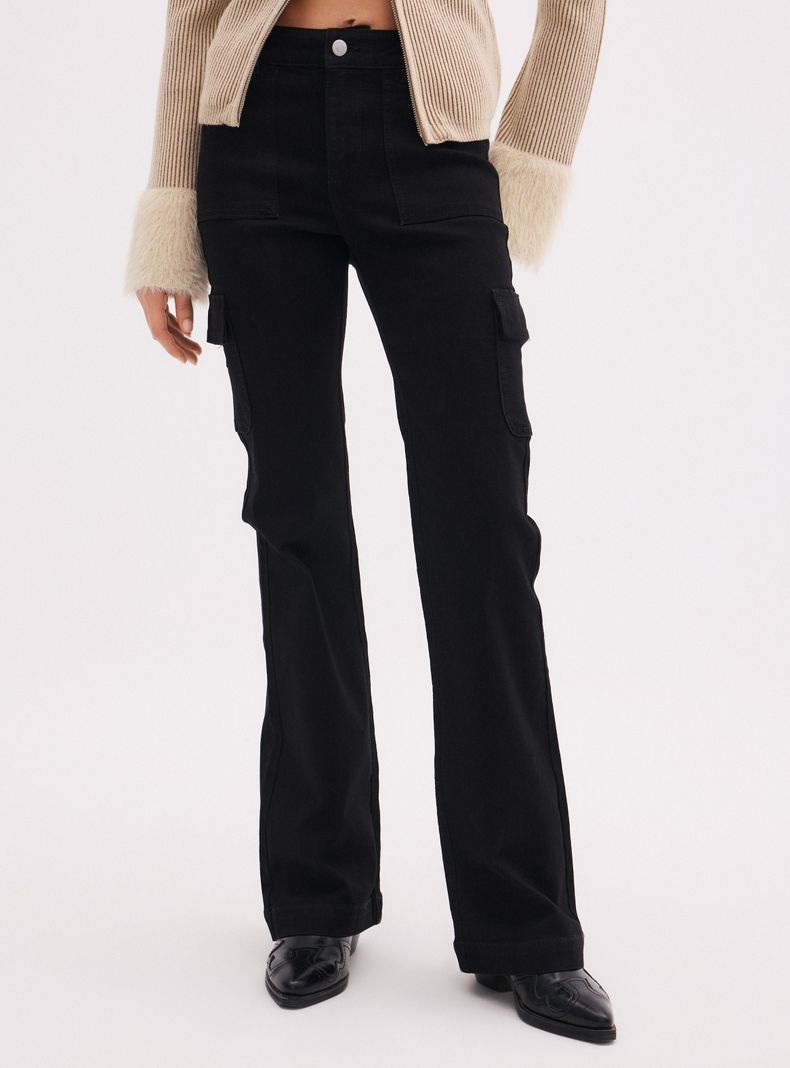Jeans Flare Fit Tiro Alto Acampanado Elasticado Cargo
