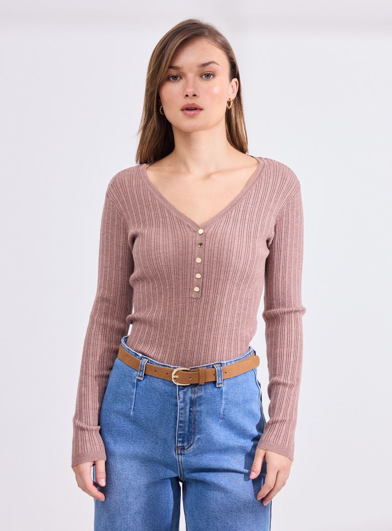 Sweater Acanalado Cuello V