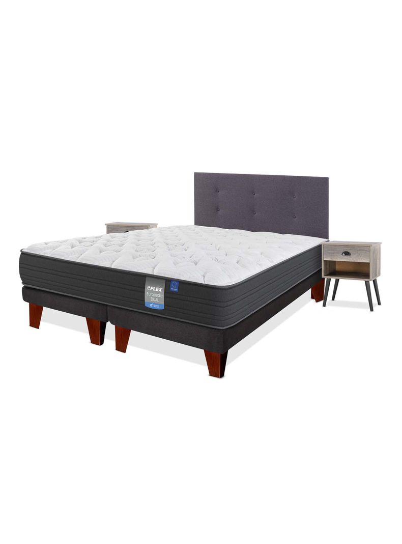 Cama Europea Europedic Dual 2 Plazas Box Base Dividida + Respaldo Royal Grafito + Velador Rock