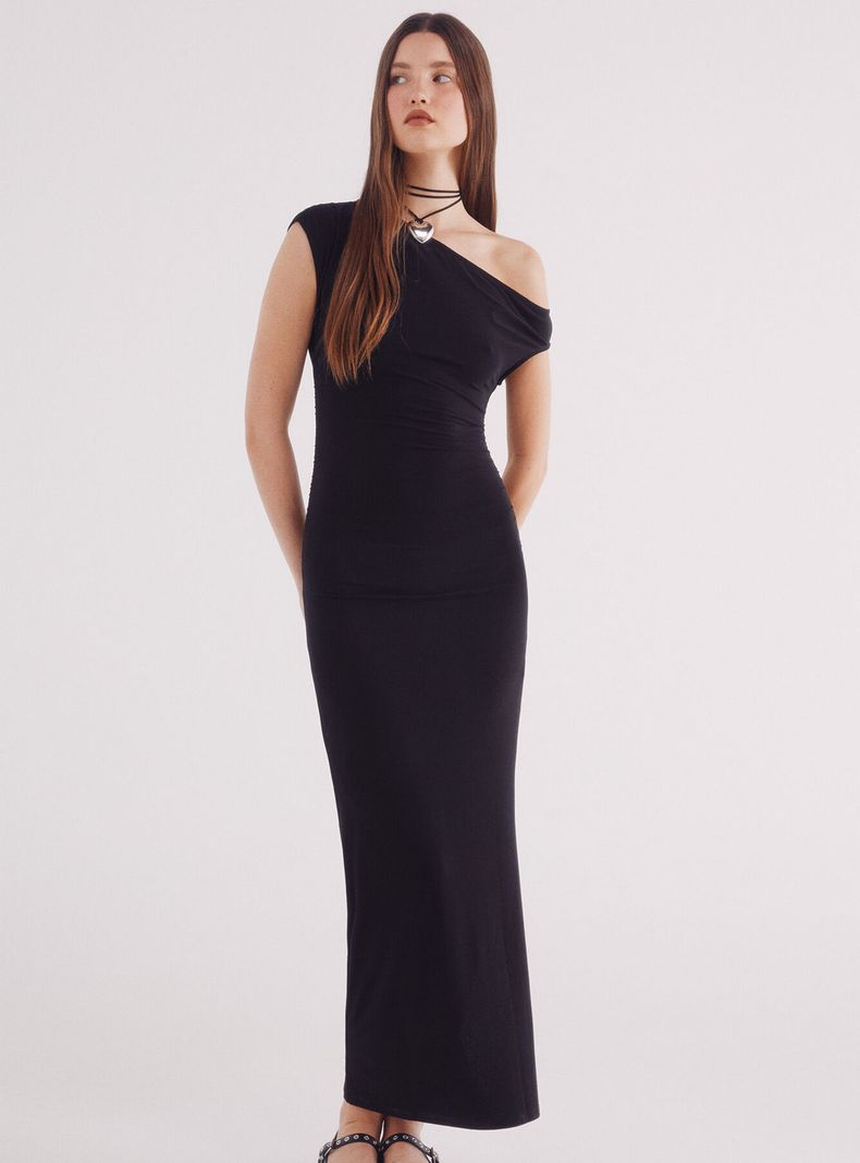 Vestido Midi Tubo Escote Asimétrico