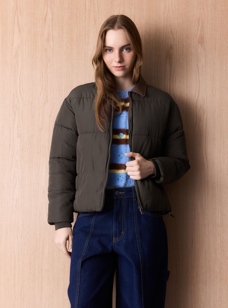 Parka Acolchada con Cuello en Contraste y Cierre