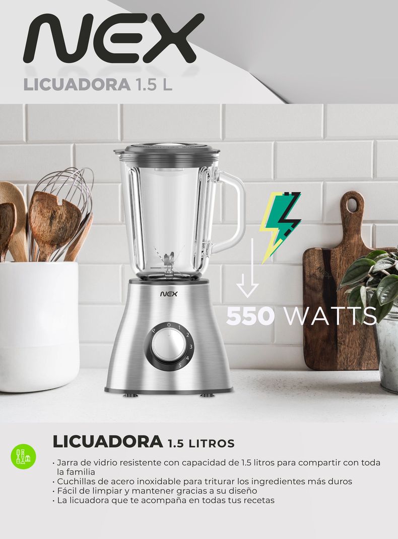 Licuadora 1.25L Vaso Vidrio 5 Velocidades 550W-3