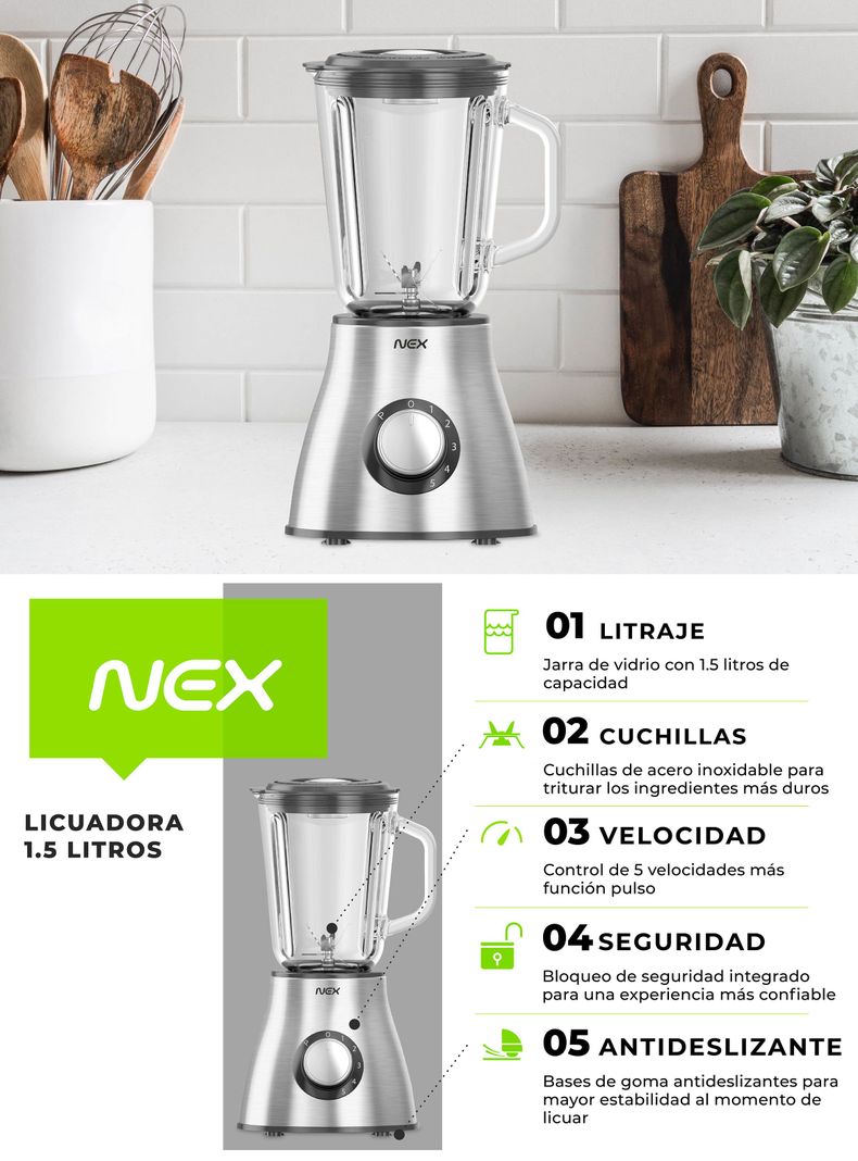 Licuadora 1.25L Vaso Vidrio 5 Velocidades 550W-4