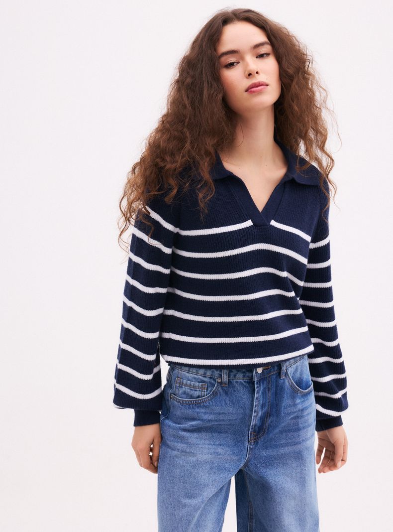 Sweater Cuello Polo con Rayas Horizontales
