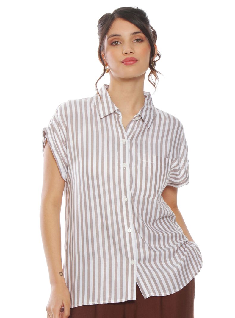 Blusa Manga Corta Listada Abotonada Rayas con Bolsillo