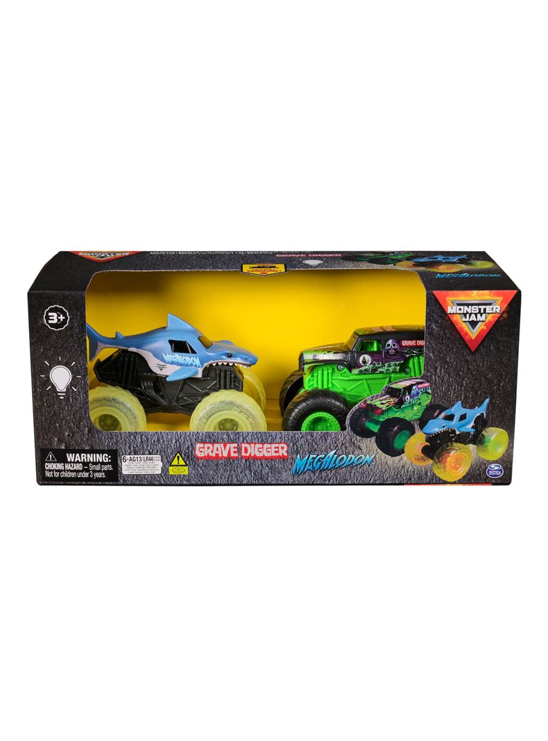 Pack 2 Vehículos Megalodón y Grave Digger con Luz