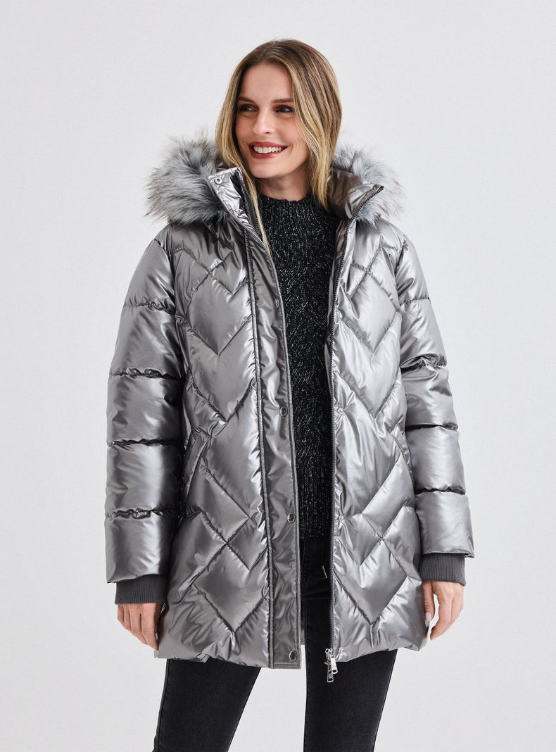 Parka Larga Metalizada con Cuello de Piel