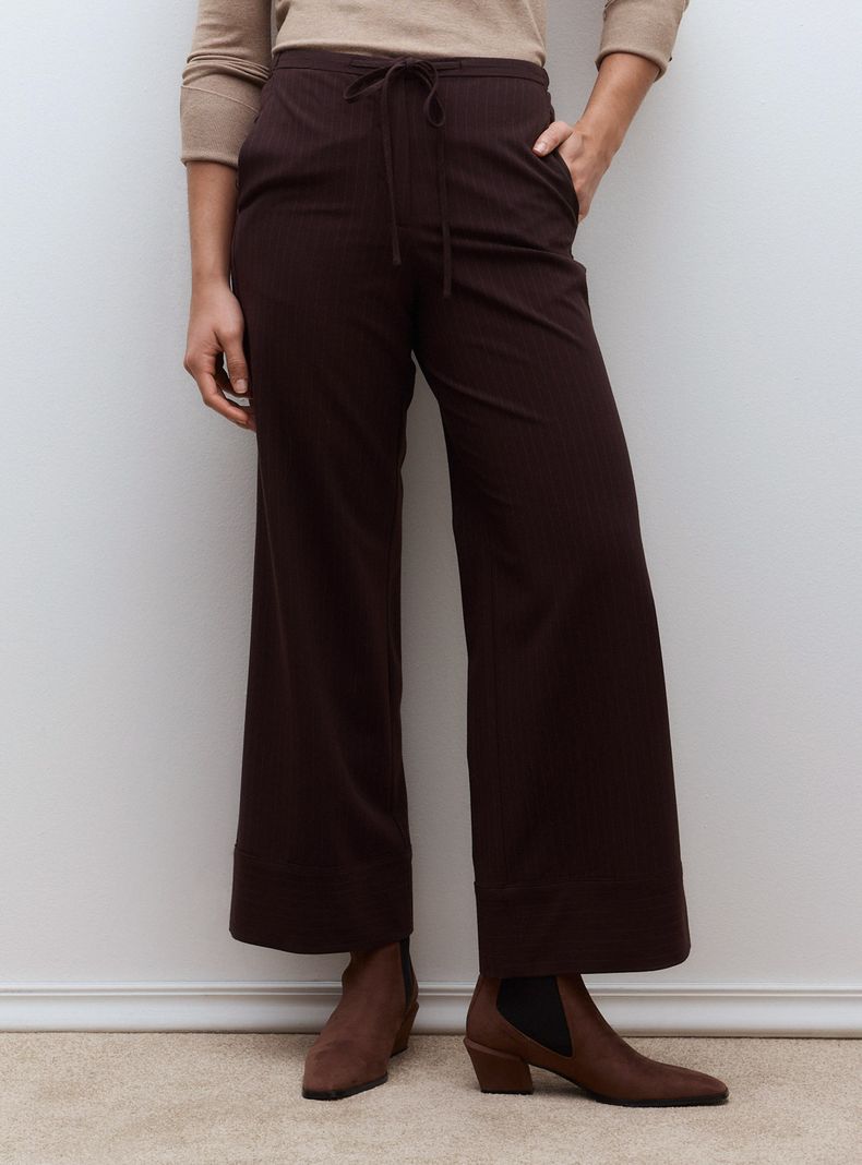 Pantalón Rayas Finas Wide Leg Tiro Alto Cordón Elasticado