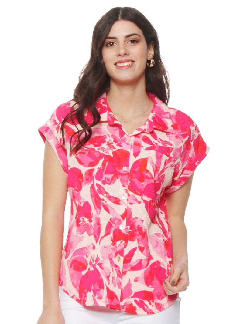 Blusa Estampada Abotonada Delantero con Bolsillo