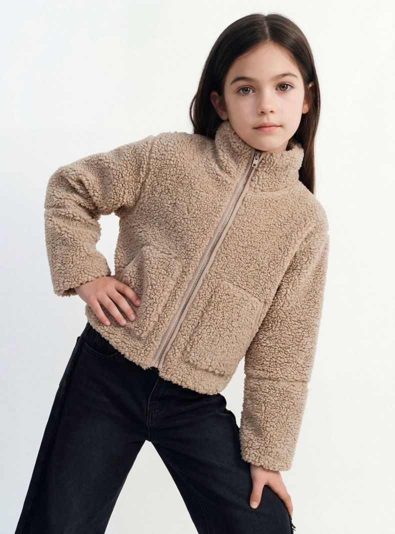 Chaqueta Sherpa con Cortes y Bolsillos Frontales