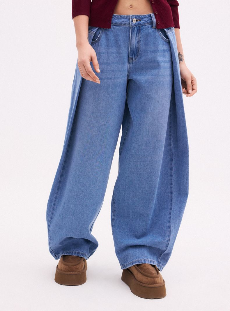 Jeans Baggy Tiro Alto con Cierre Botón