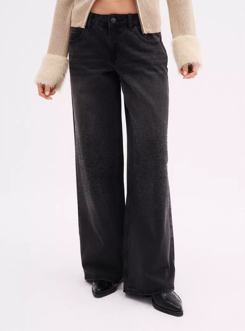 Jeans Wide Leg Tiro Bajo con Brillos