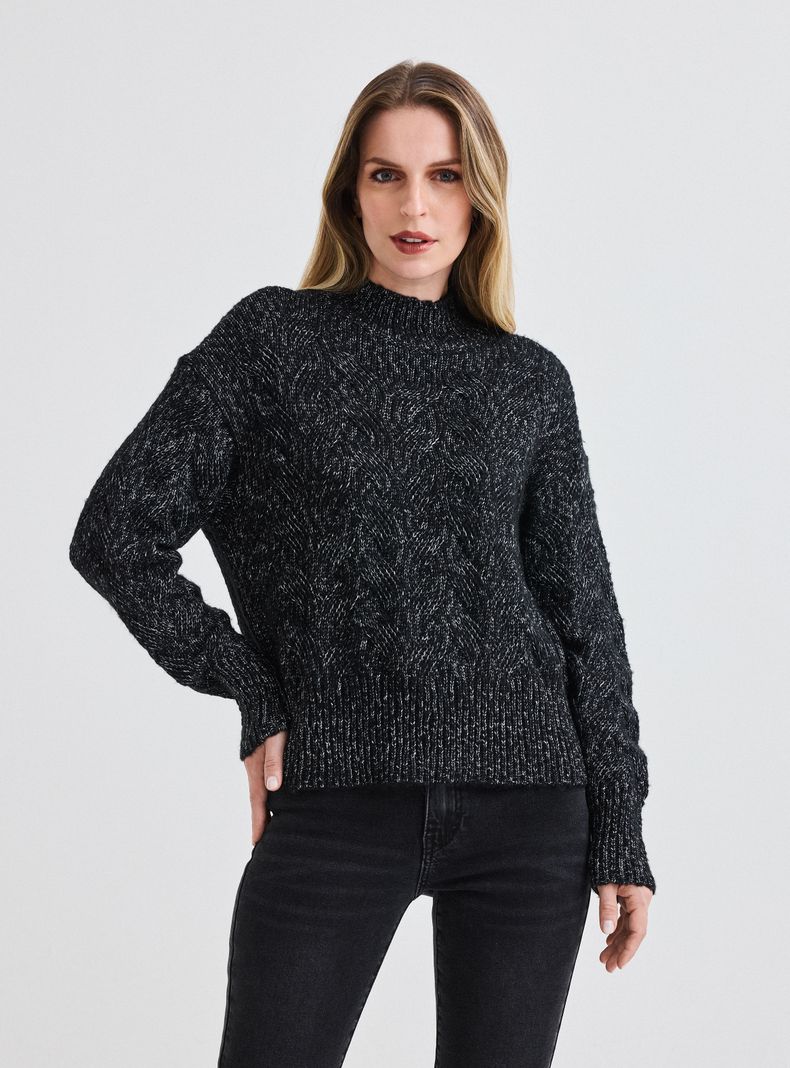Sweater Cuello Mok con Trenzas y Lurex