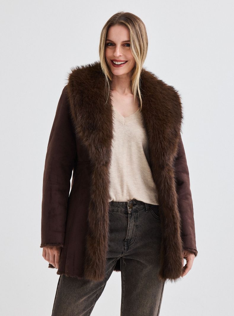 Chaqueta Bonded con Solapa y Puños de Piel
