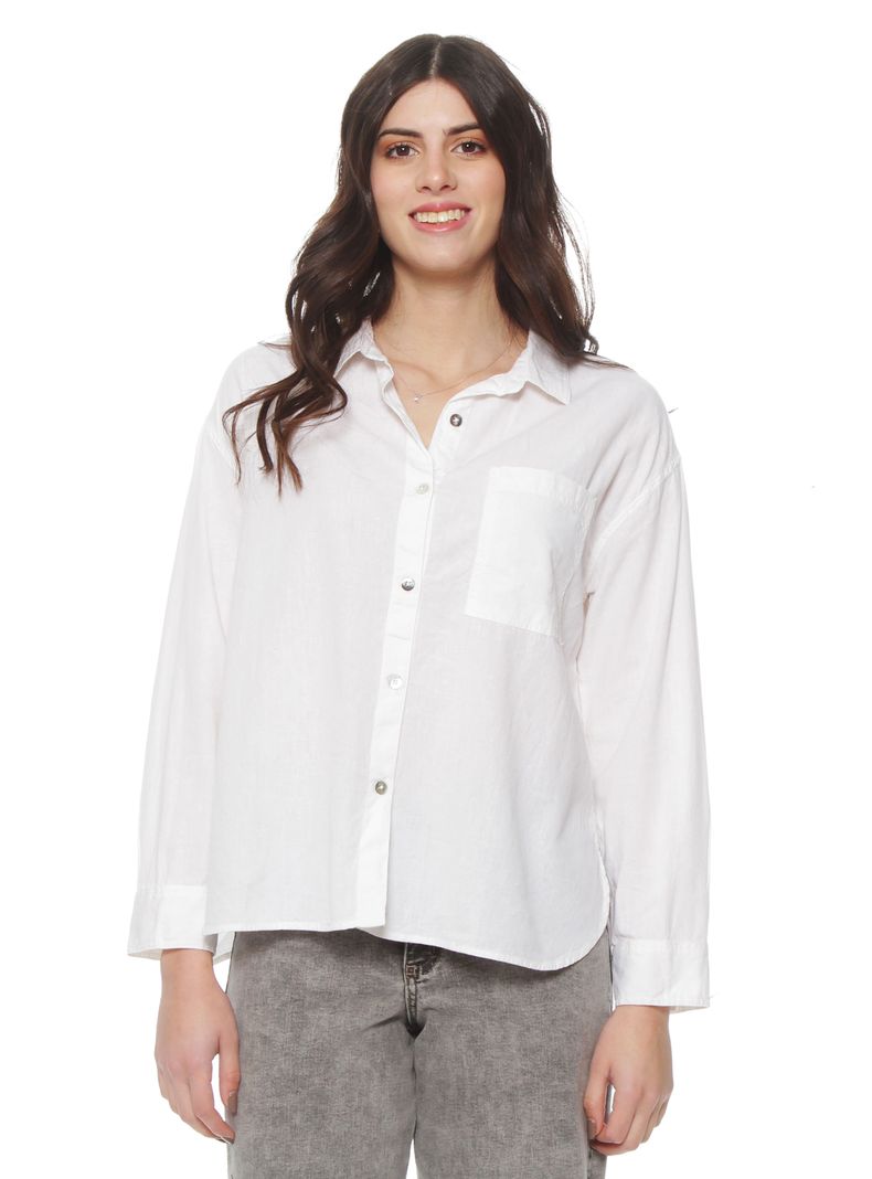 Blusa Manga Larga Lino Abotonada en Delantero y Bolsillo