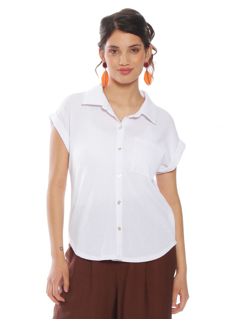 Blusa Sólida Abotonada en Delantero con Bolsillo