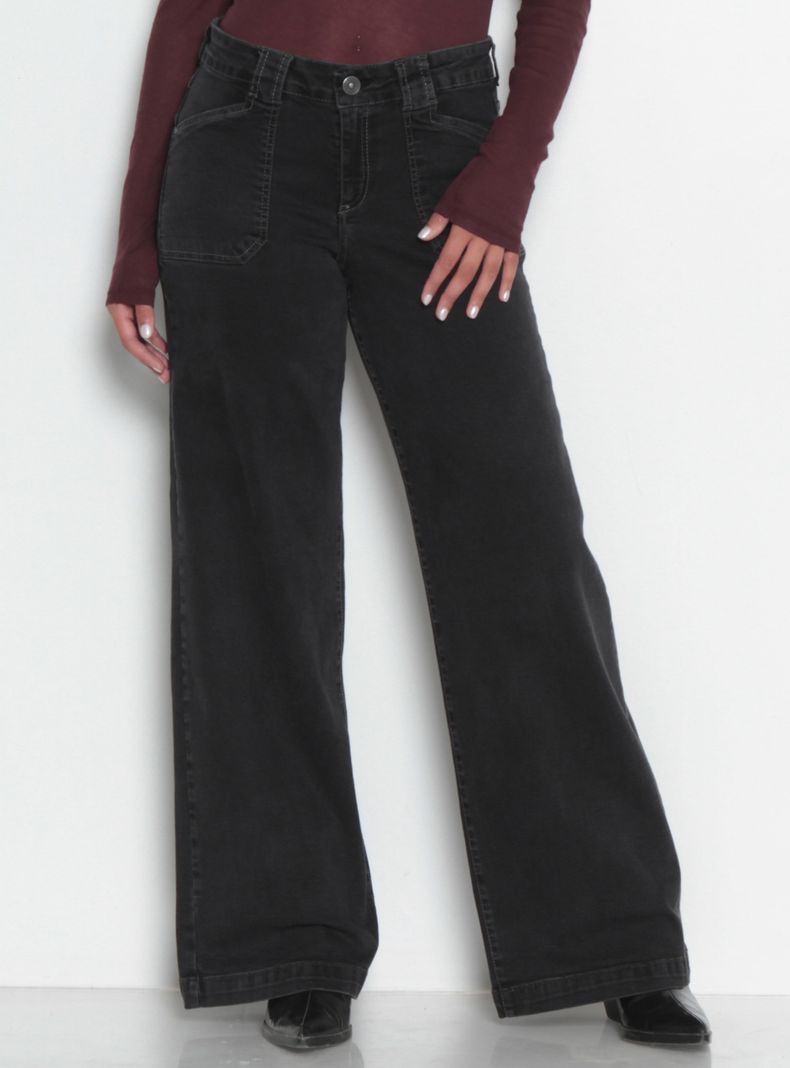 Jeans Wide Cargo Tiro Medio Pretina Básica un Botón Jn3