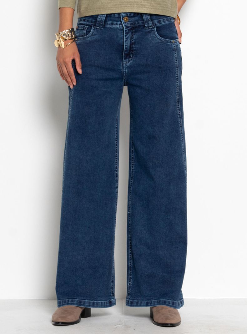 Jeans Tiro Medio Wide Pretina Básica 1 Botón J30