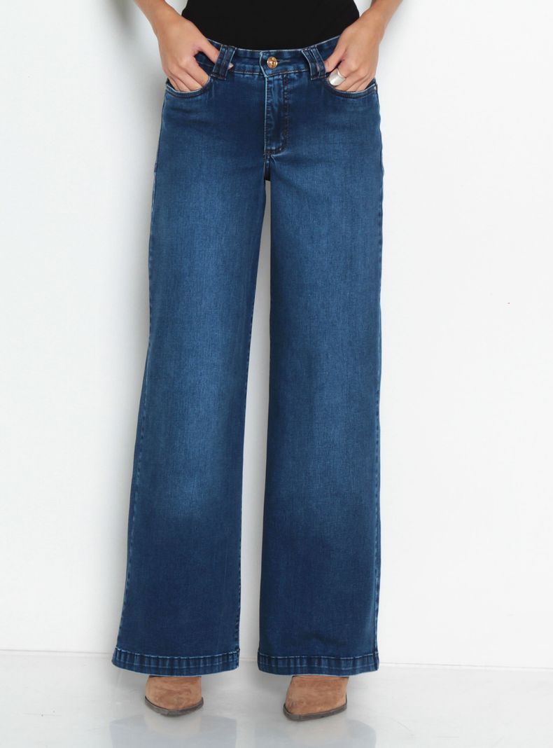 Jeans Wide Tiro Alto con Pretina y 1 Botón