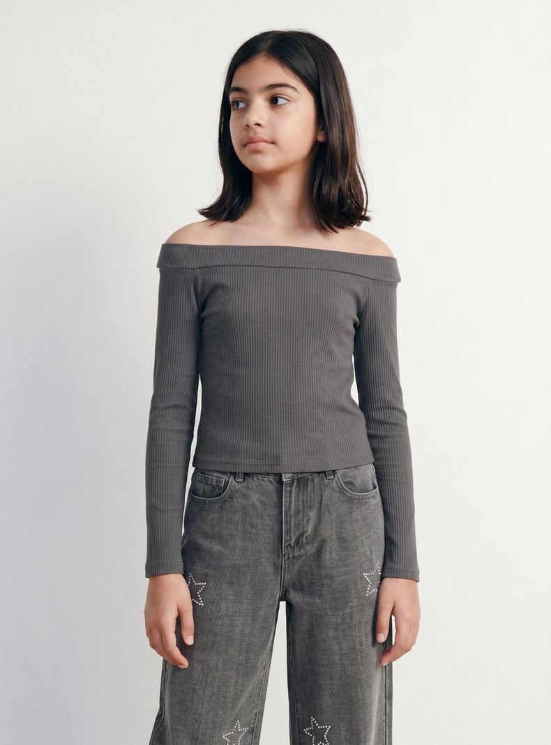 Polera Manga Larga Rib con Cuello Bardot