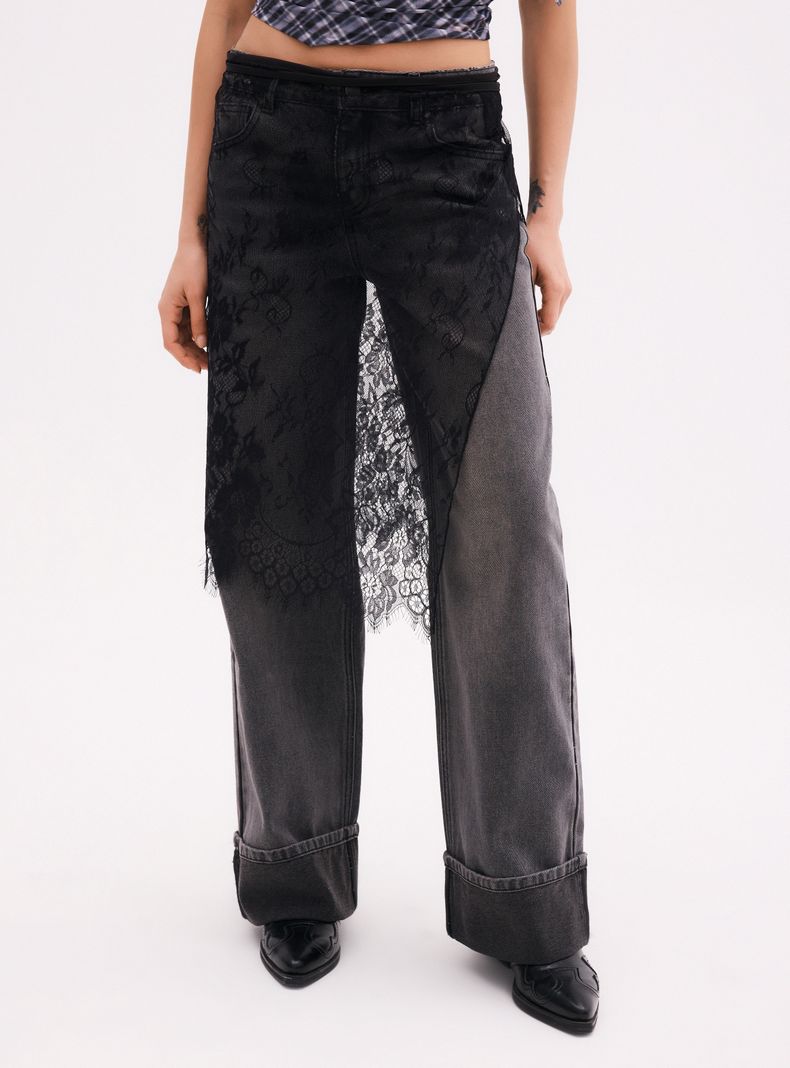 Jeans Baggy Tiro Medio con Encaje Decorativo
