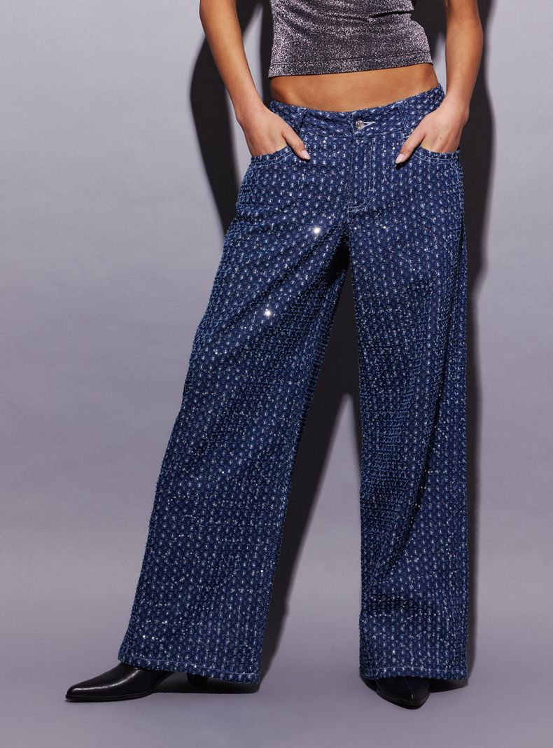 Jeans Wide Leg Tiro Alto Lentejuelas