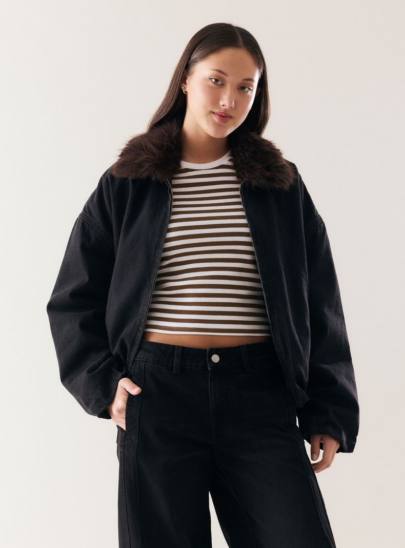 Chaqueta Bomber Cuello Piel