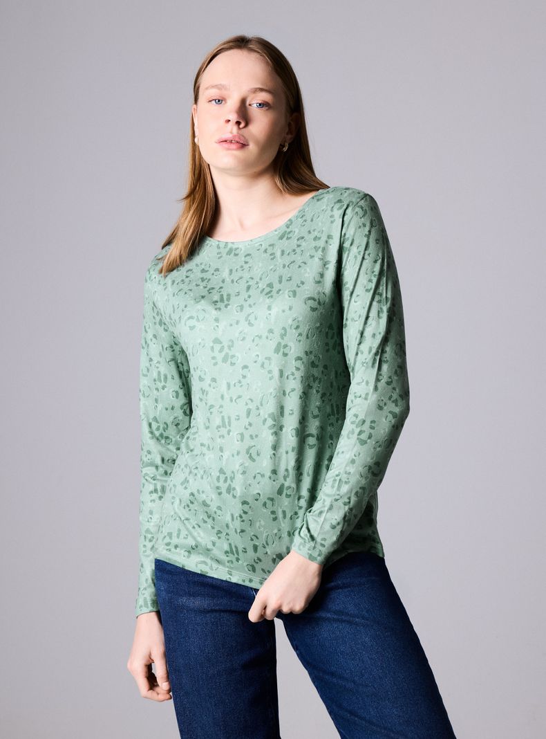 Polera Animal Print Manga Larga Cuello Redondo