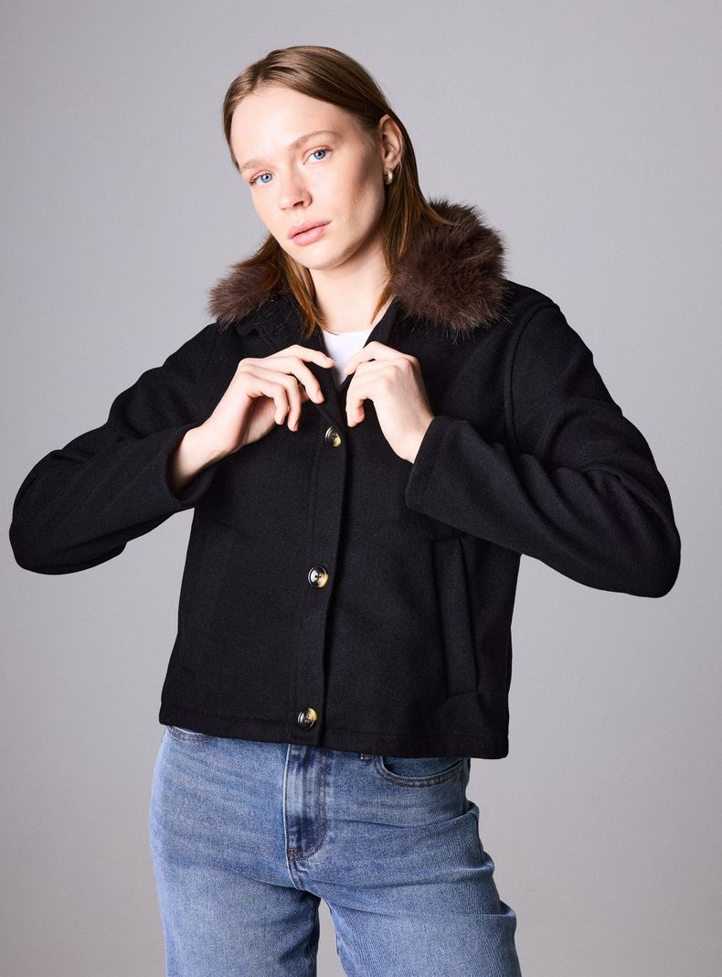 Chaqueta de Paño con Cuello de Pelo Sintético Corte Recto