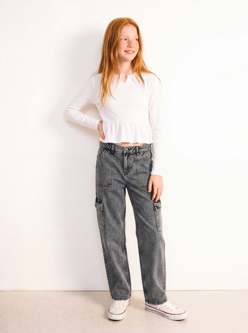 Jeans Wide Leg con Bolsillo Cargo